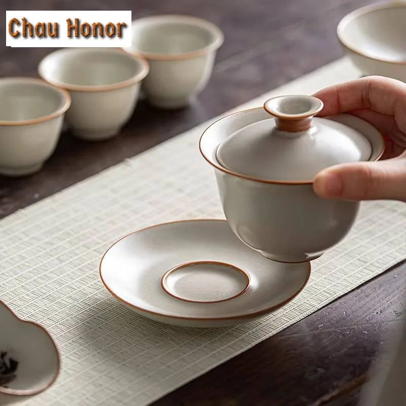 160ml Handmade Ice Cracked Gaiwan Elegant Ru Kiln Porcelain Tea Tureen Tea Brewing Cover Bowl Chinese Teaset Ornament Collection