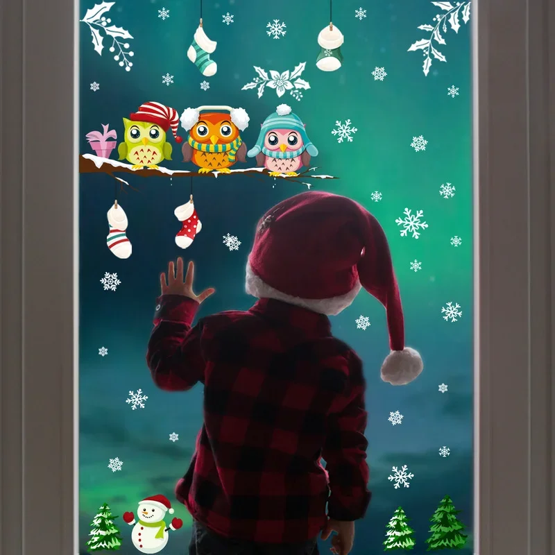 Electrostatic Glass Stickers Christmas Tree Branch Owl Snowflake Living Room Bedroom Window Decoration Wall Stickers wall stickers window stickers