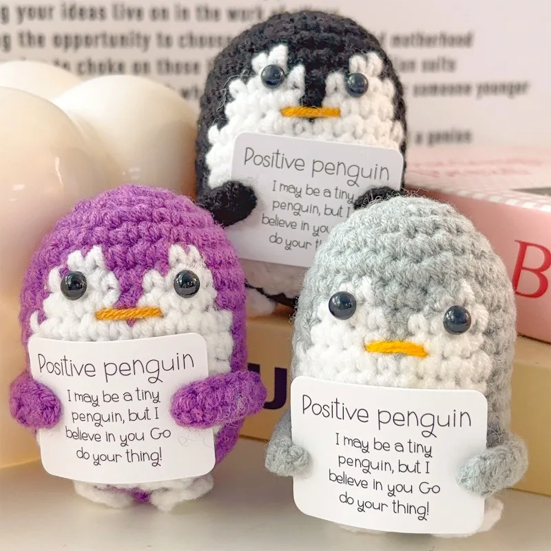 Plush Toy Positive Energy Penguin Hug Pocket Mini Handmade Plush Wool Knitting Doll with Card Funny Birthday Gifts Home Room Decoration