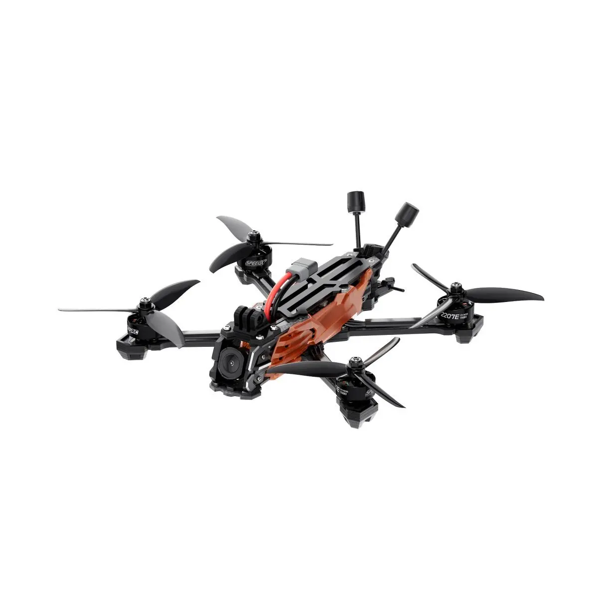 Drone FPV GEPRC D5 O4 Pro PNP TBS montrant les hélices et le châssis carbone