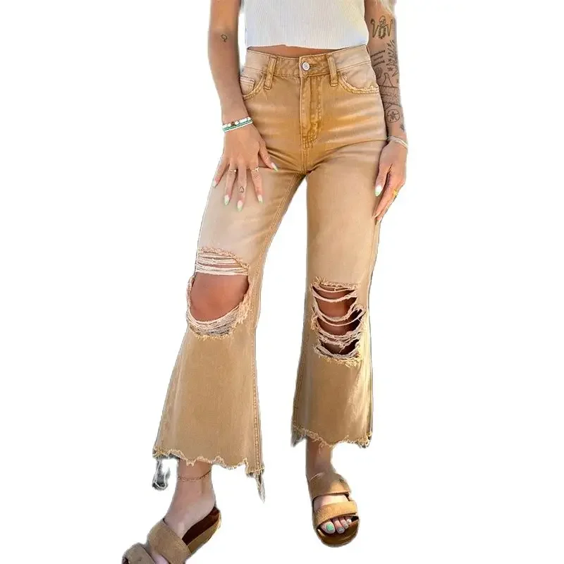 

Vintage Broken Holes Flared Jeans Women Knee Hollow Out Trend Denim Pants Female Casual Loose Streetwear Wide Leg Trousers 2024