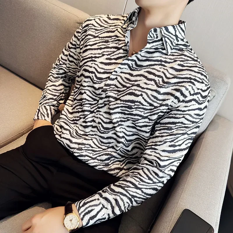 Zebra Striped Shirt for Men Long Sleeve Casual Shirts Men's Slim Fit Business Dress Shirts Wedding Party Club Party Tuxedo M-4XL