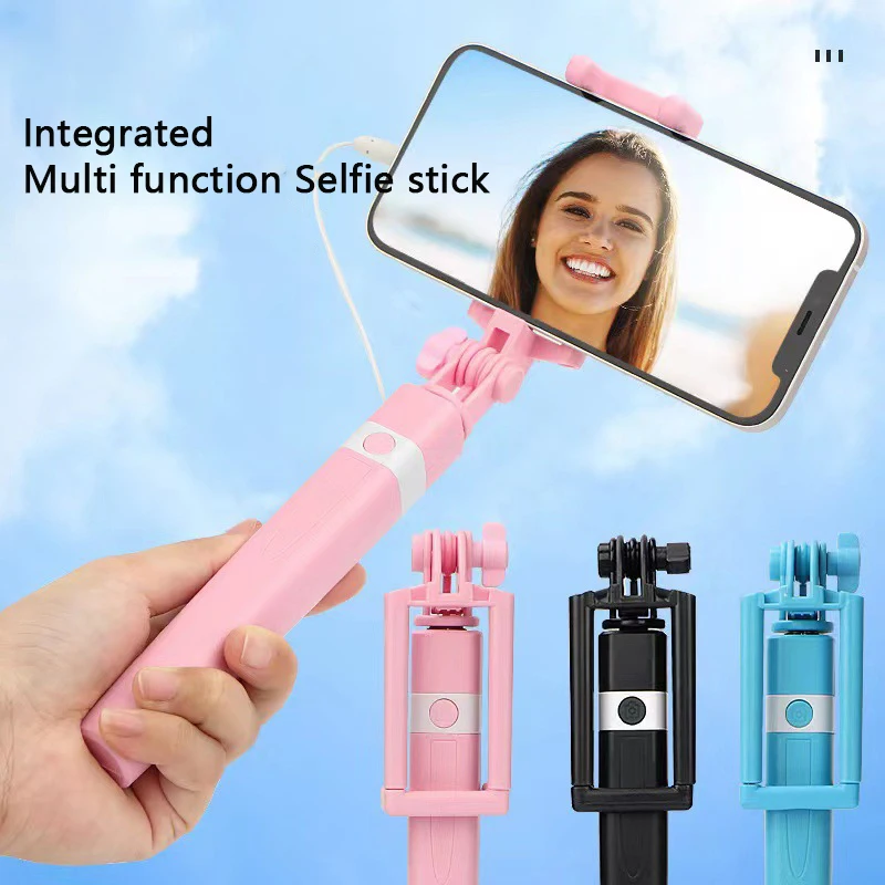 Mini selfiestick met knop, snoer, plastic handvat, monopod, universele draagbare selfiestick voor mobiele telefoons (8,5-74 cm)._voghion.com