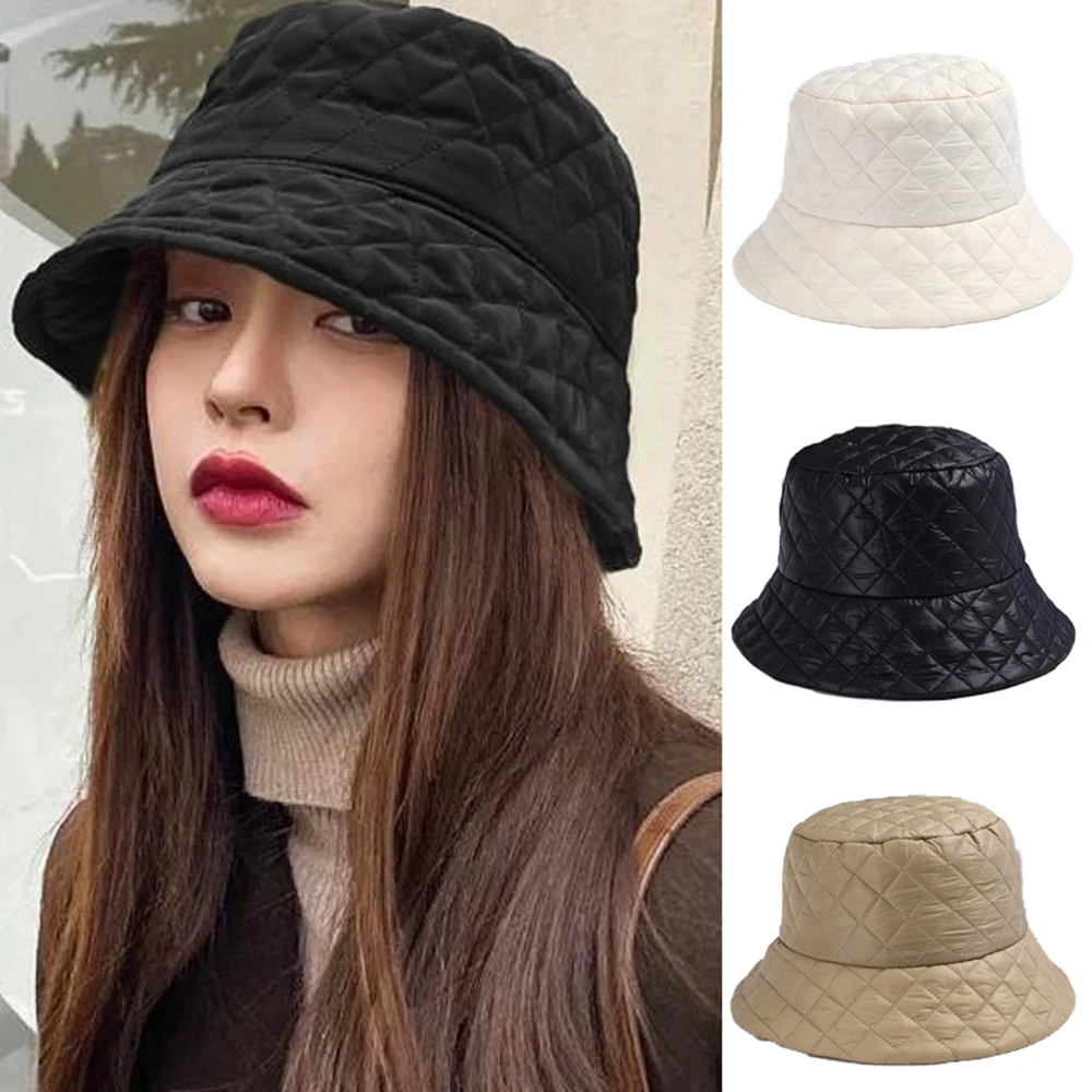 

New Fisherman Hat For Men Women Autumn And Winter Thicken Outdoor Warm Ultra Light Down Cotton Rhombus Grid Fashion Bucket Caps