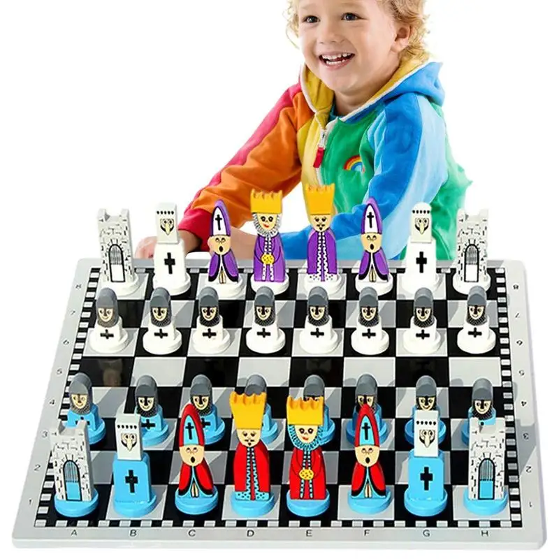 Cartoon Modeling Chess Toys Wooden Doll Chess Set Portable For Child Early Educational Board Games