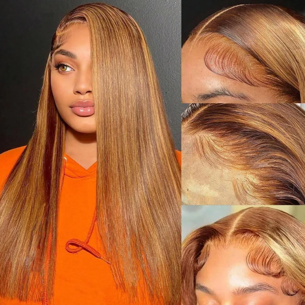 26 Inch 250% Density P4/27 Highlight Bone Straight 13x6 HD Lace Frontal Wigs Human Hair Brazilian Ombre Honey Blonde Human Hair