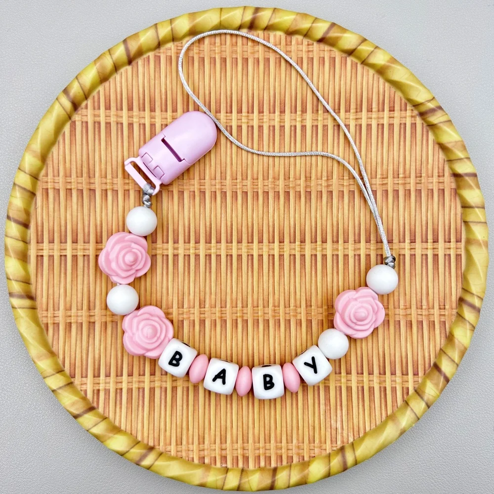 

Rose Customized English Russian Silicone Letter Name Baby Silicone Pacifier Clips Chains Teether Pendants Baby Pacifier Kawaii