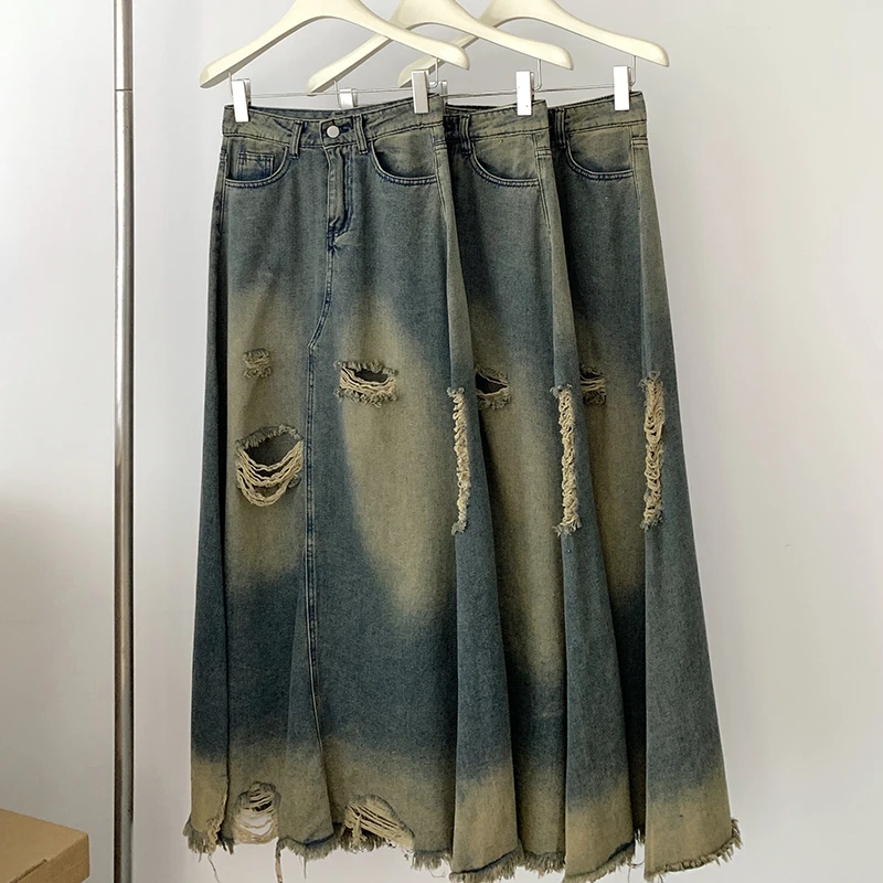 

Vintage Holes Ripped Hollow Out Long Denim Skirts for Women Maxi High Waist Frayed Raw Hem A line Flare Jean Skirt with Pockets