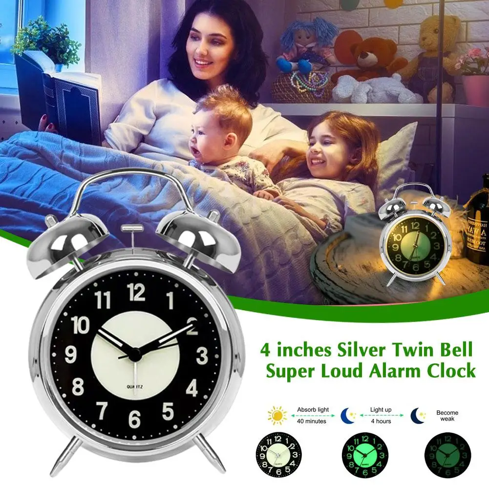4 Inches Silver Twin Bell Super Loud Alarm Clock Analog Clock Silent With Night Light For Working Sleeping Environments Y5S5