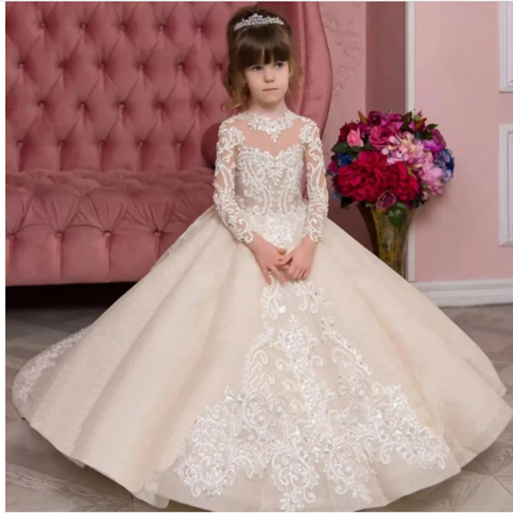 

Lace Elegant Flower Girl Dress For Wedding 2024 Shining Puffy Floor Length Tulle Kids Birthday Party First Communion Ball Gowns