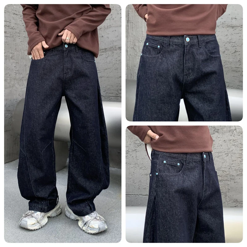 Skateboard Loosen Fit Black Wide Leg Lattern Jeans Men Baggy Clothes Male's Hallen Pants 5