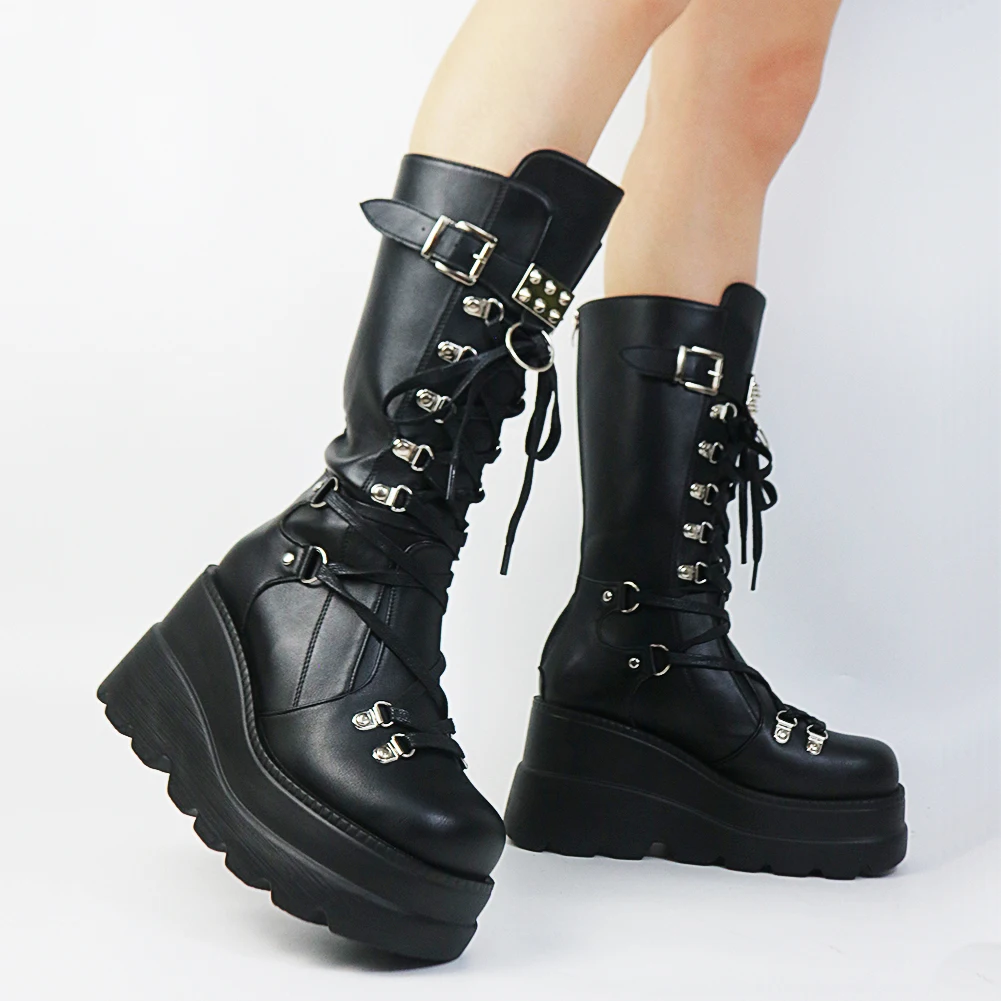Gothic Style Platform Vampire Cosplay Women Mid-calf Boots 2023 Autumn Wedges Comfortable Woman Motorcycle Boots Shoes Plus Size