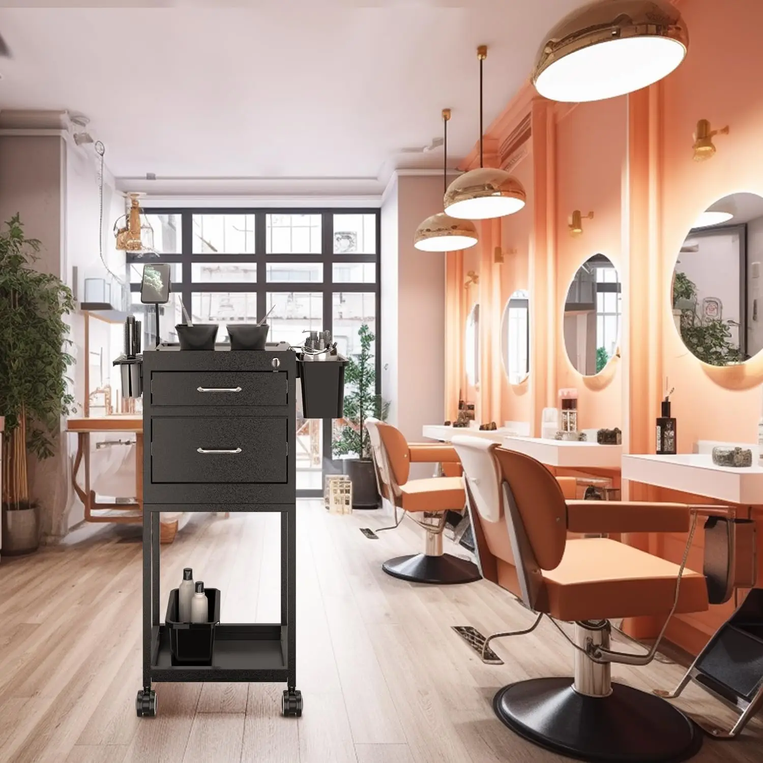 Salon Cart Lockable Metal Storage Cart Salon Trolley with Wheels Sturdy Rolling High End Trolley with 2 Magnetic Bowls