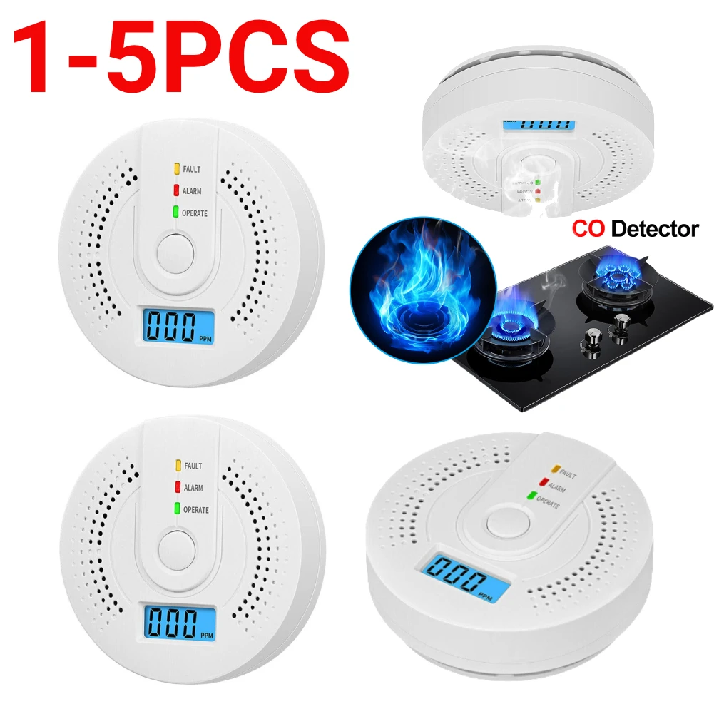 1-5pc Carbon Monoxide Detector CO Warning Alarm Battery Powered CO Gas Monitor Alarm Detector with LED Indicator for Outdoor