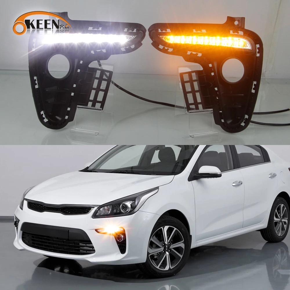 

Car DRL 12V LED Daytime Running Light Daylight fog lamp For Kia Rio K2 2017 2018 Yellow Turning Signal Style Relay Waterproof