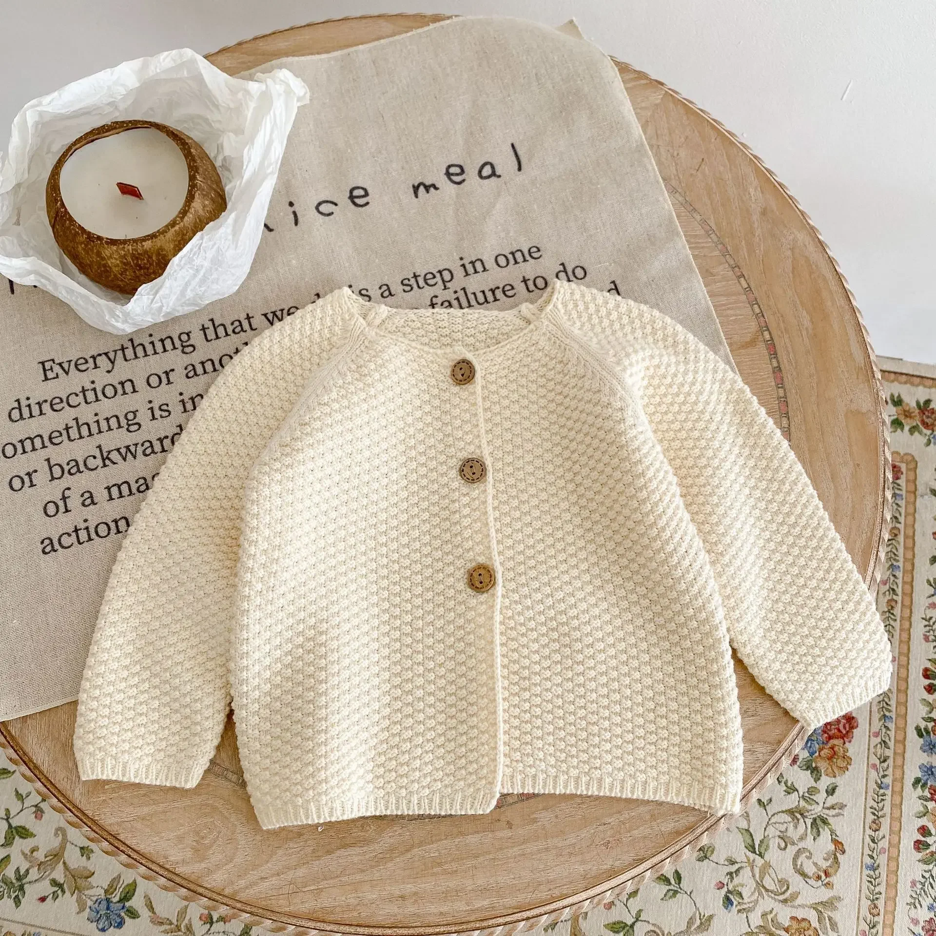 4465C Baby Sweater Coat Spring New Corn Round Neck Knitted Sweater Solid Color Boy's Cardigan Coat Girl