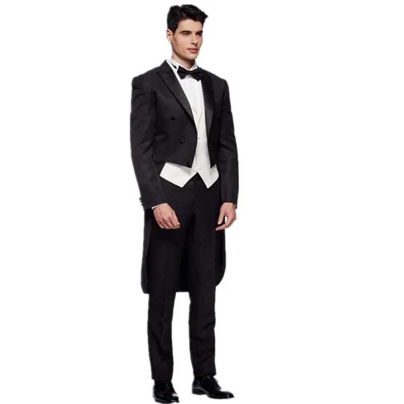 Black Men Tuxedo Tailcoat Formal Dress Suits Swallow Tail Coat Male Jacket Vest Pants Party Wedding Suit Dance Magic Performance