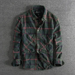 Personality big pocket decoration wash do old trend European and n men plaid long-sleeved shirt