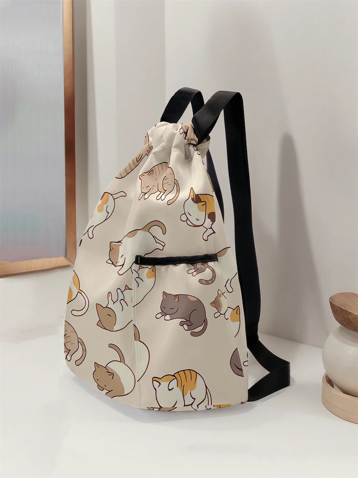 Cat Pattern Printed Drawstring Backpack - Large Capacity Durable Fitness Bag, Sports Beach Backpack