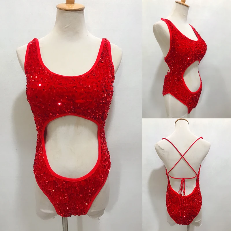 

Sexy Hollow Out Sequins Bodysuit Pole Dance Costume Backless Nightclub Bar Gogo Dancer Stage Wear Drag Queen Clothing VDB7868