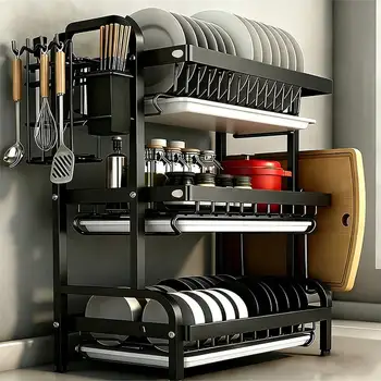 3-Tier Dish Drying Rack, Large Capacity Dish Drainer Rack With Removable Drain Tray, Kitchen Countertop Organizer For Plates Bow 1