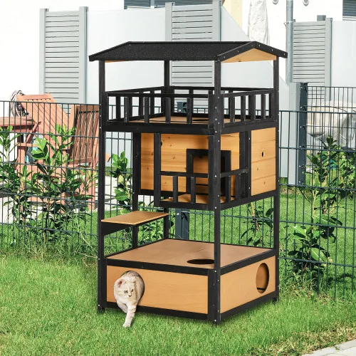 High-quality Wooden Outdoor Cat House, Wild Cat Shelter, Asphalt Roof Kitten Tree With Escape Door, Suitable For Apartments.