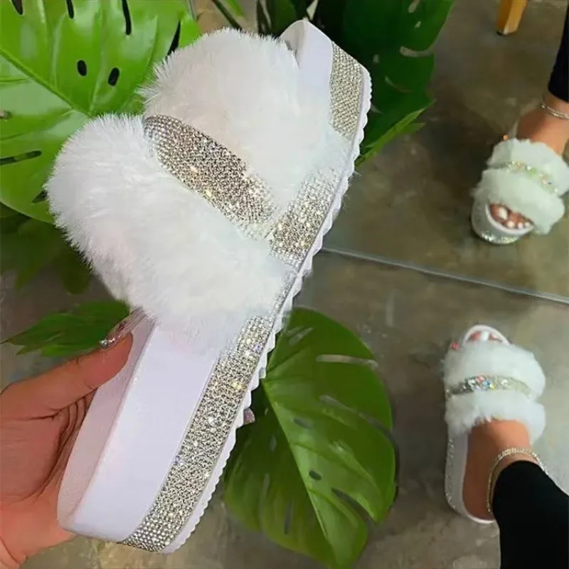 Summer Women Casual Slippers Luxury Rhinestone Suede Platform Flats Indoor Outdoor Comfortable FemaleSlippers Chanclas Mujer