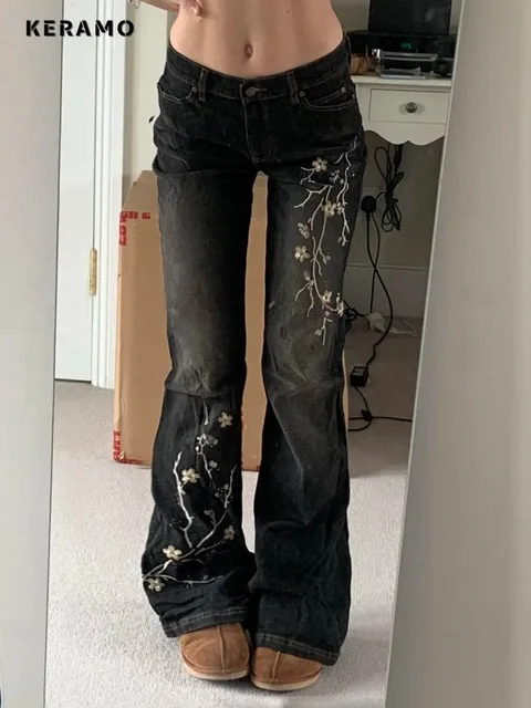 Weekeep Floral Embroidery Jeans Vintage 2000s Low Rise Flared Jeans Women Retro y2k Baggy Denim Pants High Street Basic Trousers