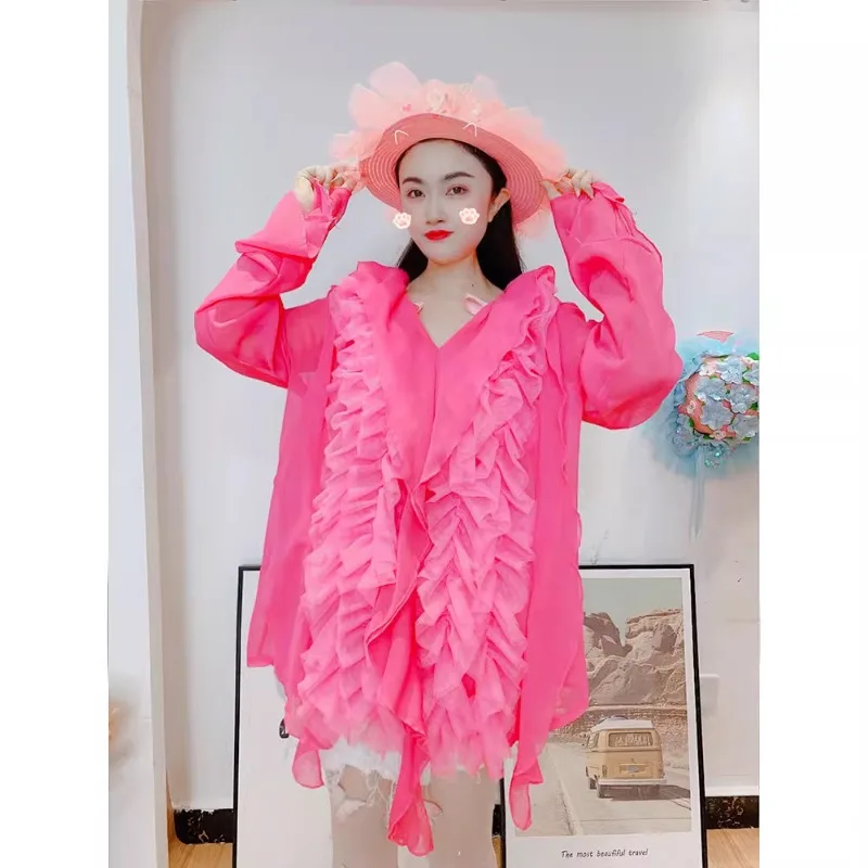 Super Fairy Shirt Women's Spring Summer New Mesh Ruffled Stitching Loose Western Style Slimming Blouse Thin Type Sunscreen Top