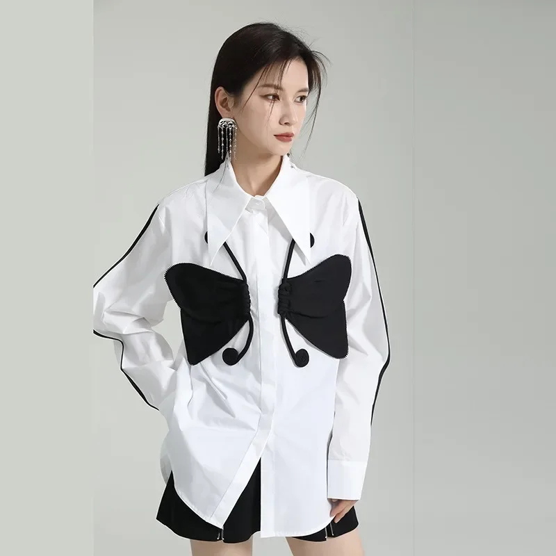 White Lapel Shirts for Women Three-dimensional Butterfly Long Sleeve Cotton Tops Niche Loose Blouses Slimming Personality Street