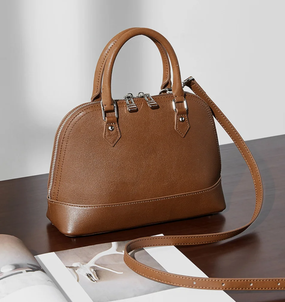 New Boston Bowling Handbag Single shoulder slant bag vintage casual Shell women's bag genuine Leather shopping hobo