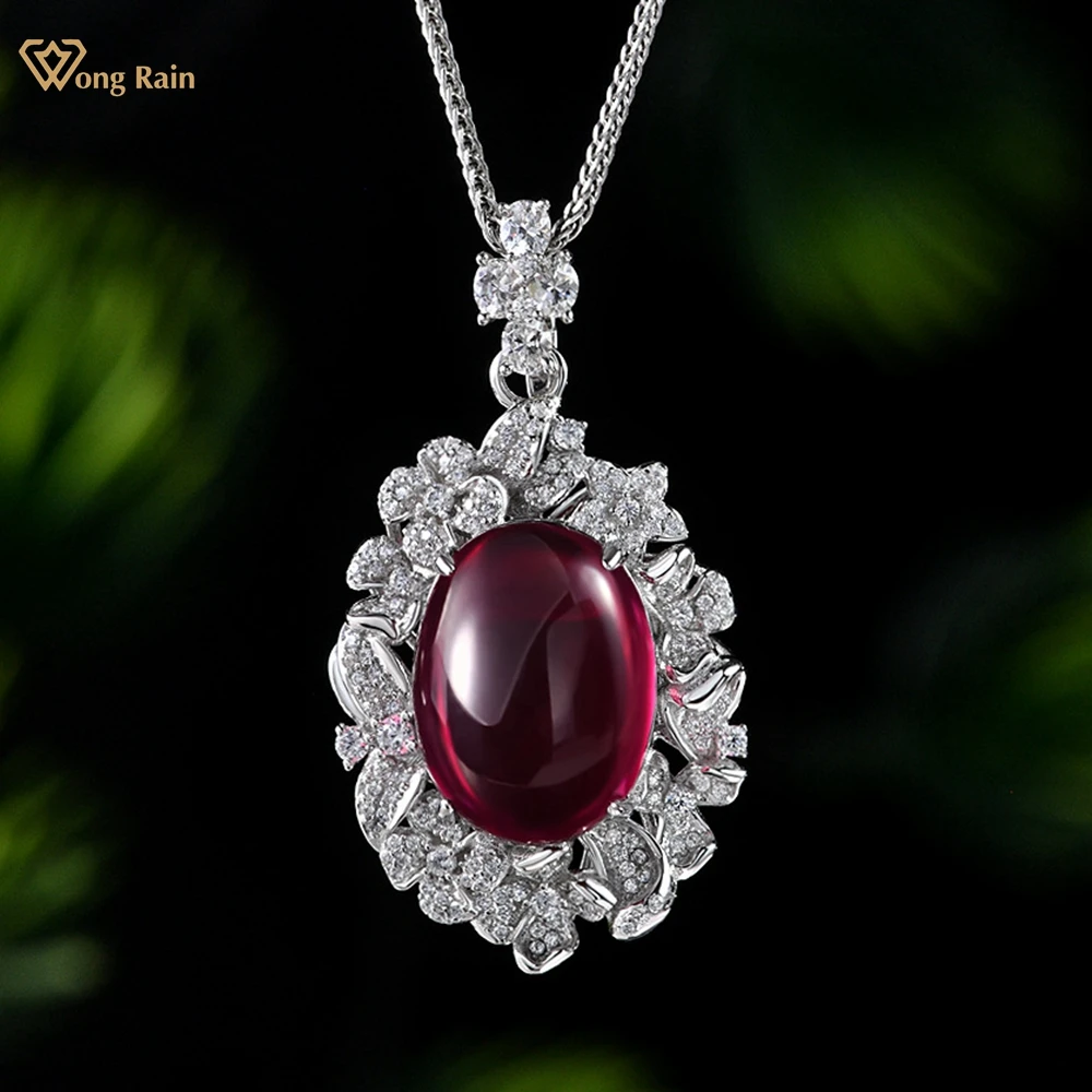 

Wong Rain Vintage 925 Sterling Silver Oval 16CT Ruby Emerald High Carbon Diamond Gemstone Women Necklace Pendant Fine Jewelry