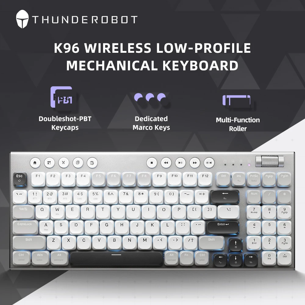 Wireless Mechanical Keyboard 98 Keys Low-profile Productivity Keyboard With Roller Marco Keys PBT Keycaps For PC THUNDEROBOT K96