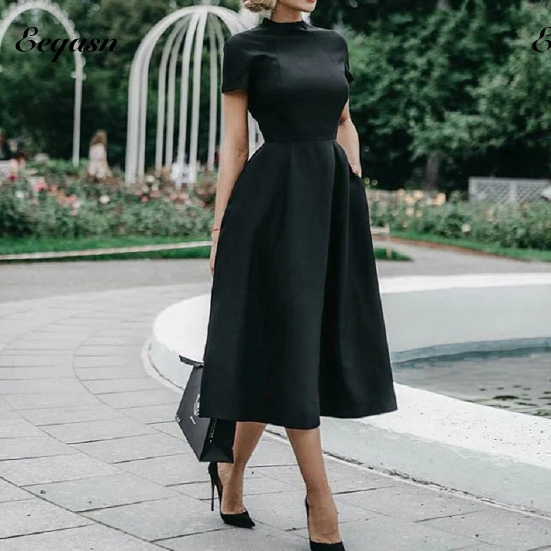 Robe De Soriee Black Cocktail Dresses Satin Short Sleeves Elegant Homecoming Graduation Women Prom Party Formal Gown