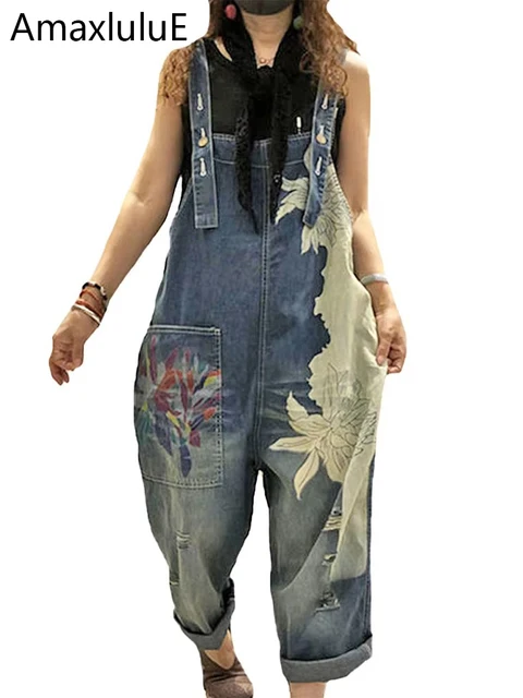 AmaxluluE 2025 femmes mode salopette dames été imprimé Denim Pantalons Vintage Jeans décontractés femmes ample Vintage Pantalon 1