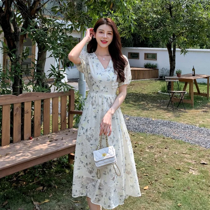 Summer New Chinese Style Midi Dresses for Women Floral Printed V-neck Puff Sleeve A-line Casual Elegant Dress One Piece Vestido