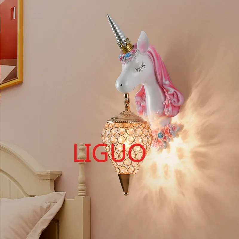 

Nordic Unicorn Lamp Resin Wall Lamp Crystal Bracket Sconce for Children Home Interior Lighting Girl Bedroom Bedside Living Room
