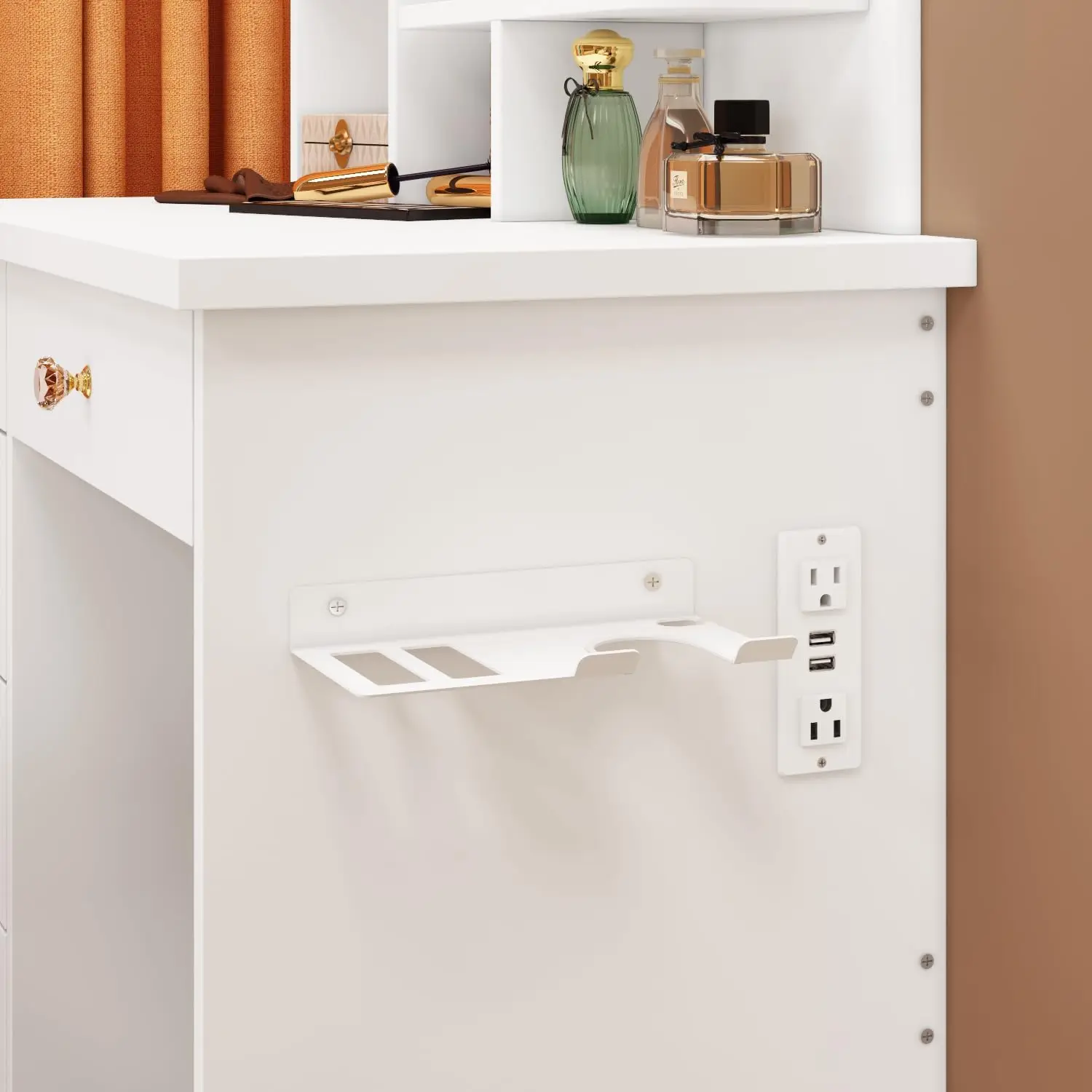 FUFU&GAGA Vanity Set with Rectangular Mirror, Makeup Vanity Dressing Table with 5 Drawers, Shelves, Power Outlet & Hair Dryer Ho