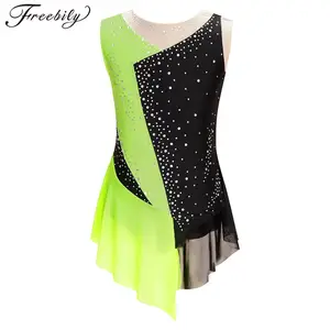 Kids Girls Figure Skating Leotard Dress Shiny Rhinestone Sheer Mesh Sleeveless Bodysuit for Ballet Lyrical Dance Gymnastics