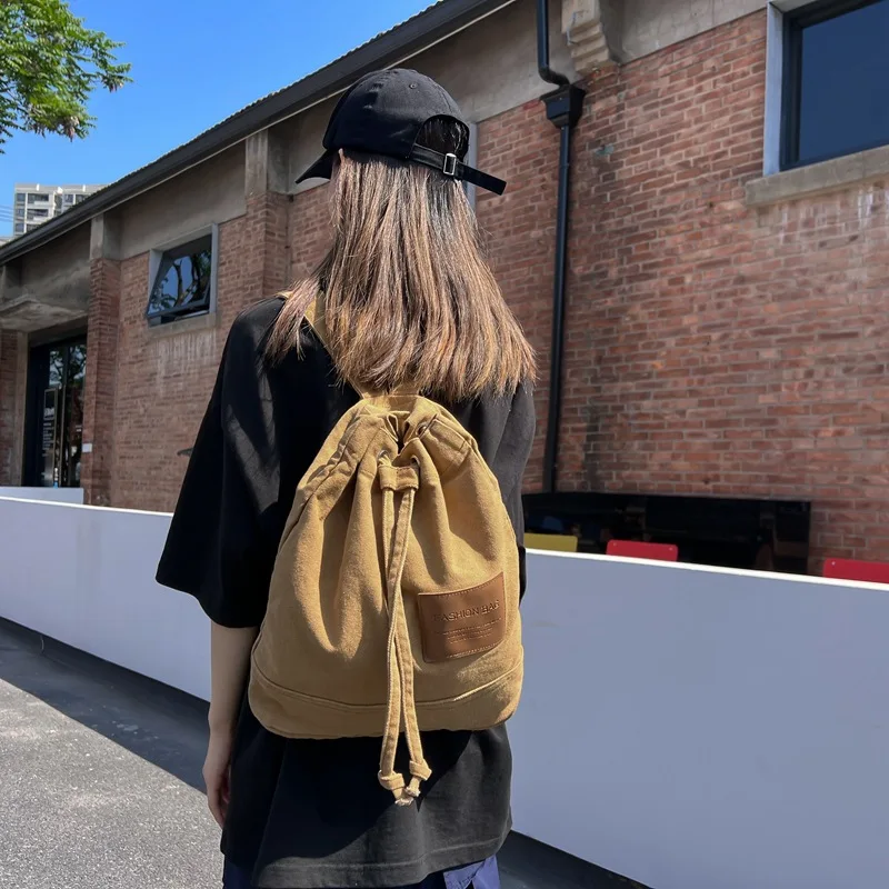 Women's Shoulder Bag 2024 New Drawstring Canvas Bag Solid Color Simple Commuting Large Capacity Fashion Backpack