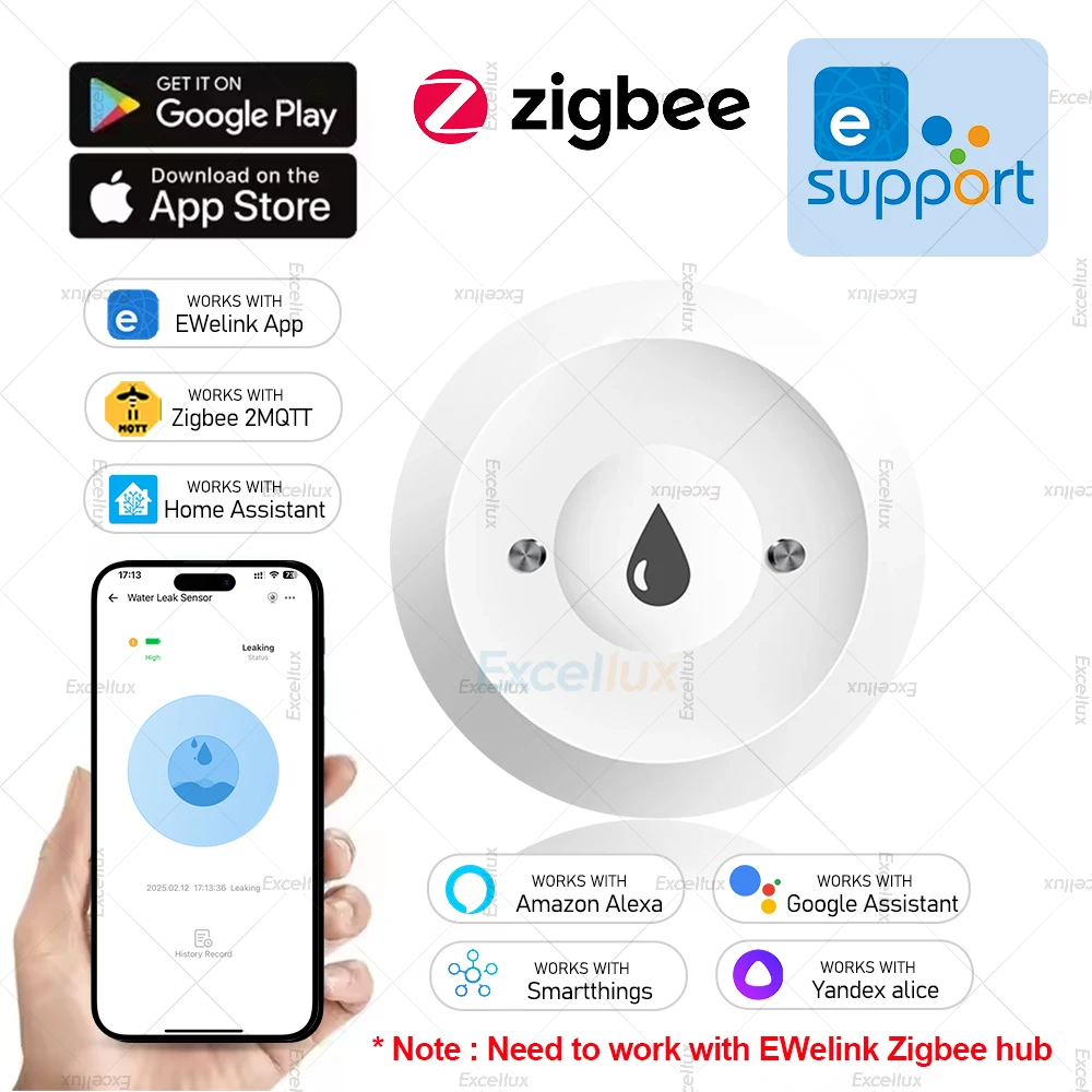 מערכת אזעזוע מים Zigbee 3.0 של Ewelink עם חיישן מים, מגדיר נזילות במים, מעקב מרחוק, מערכת אזעזוע בטיחותית עם תמיכה ב-ZHA ו-Z2M