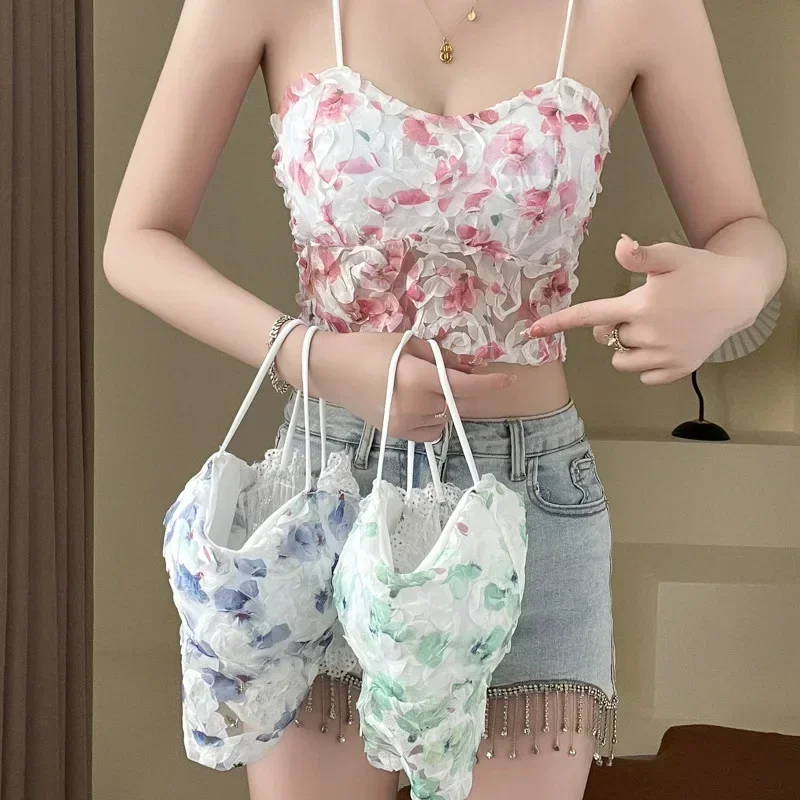 2025 Summer Sweet Floral Corset Vest Office Lady Beach Style Sleeveless Blouse Women Vintage Lace Slim Crop Top Korean Fashion