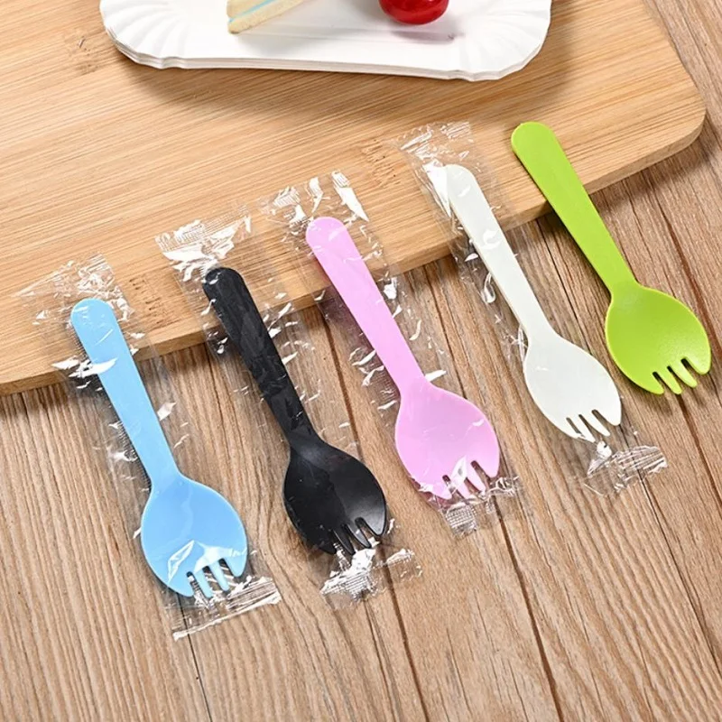Party Disposable Tableware 100pcs/set Disposable Plastic Spoons Forks for Cake Ice Cream Salad Fruit Dessert Soup Tea Coffee Party Cake Baking Shop Supply