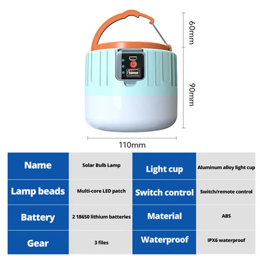 Portable LED Solar Light Outdoor Waterproof Tent Lamp USB Rechargeable 3 Mode Emergency Light Bulb Flashlight Camping