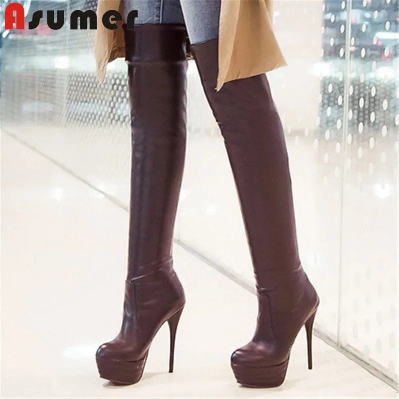 

ASUMER 2024 Size 31-46 New Sexy Pu Over The Knee Boots Female Slip On Plush Winter Boots Stilettos High Heels Platform Shoes