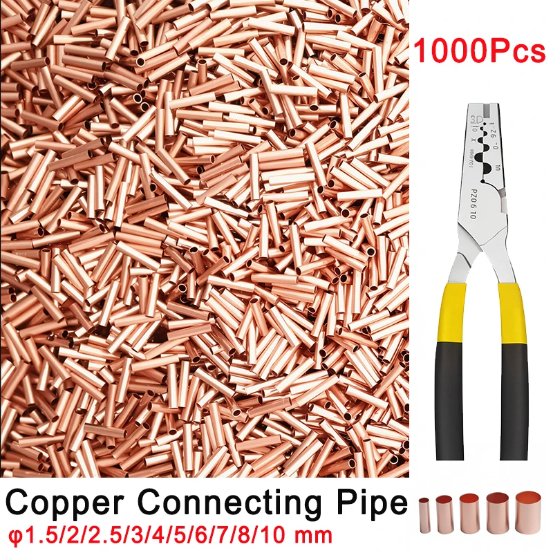 1000 ชิ้นทองแดงหลอด Terminal Cable Lug Crimp ชุดเชื่อมต่อสีแดงทองแดงขนาดเล็กหลอดไฟฟ้าชุดเชื่อมต่อท่อลวด Joint 1
