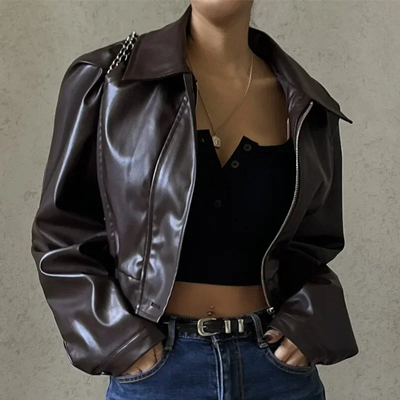 Faux Leather Jacket Women Fashion Brown PU Oversized Jacket Turn-Down Collar Zipper Cropped Jacket Coat Autumn Winter 2024