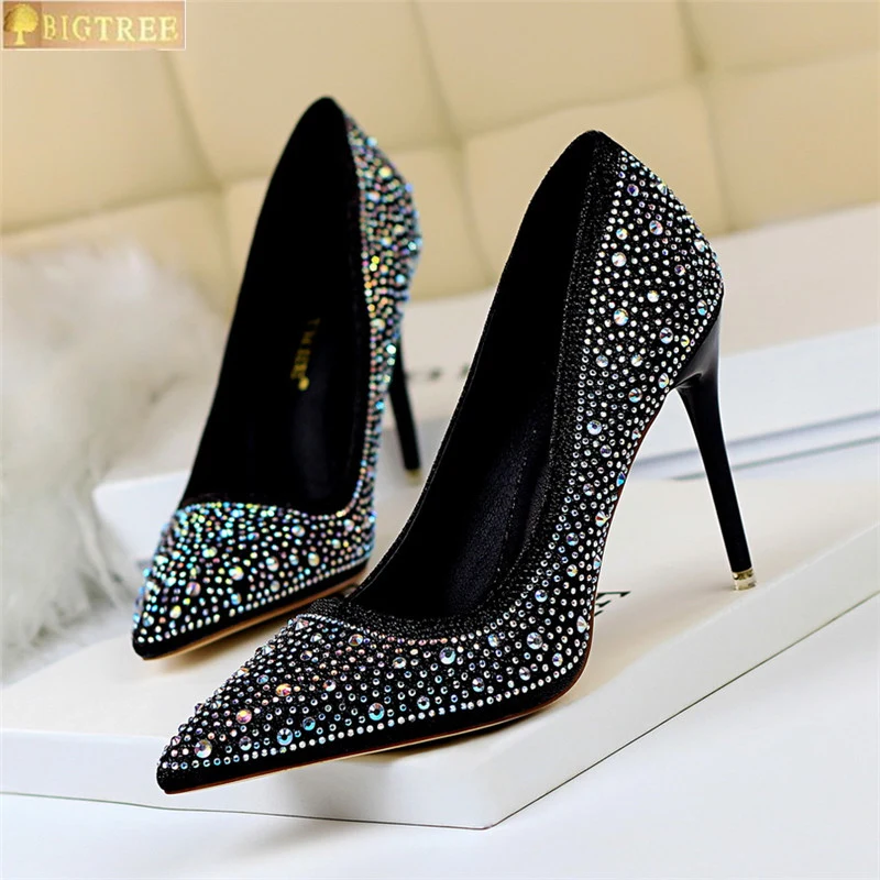 Women Shoes Pointed Toe Pumps Shallow mouth Pointed Rhinestone Colorful diamond 10CM thin High Heels Boat Wedding Dress Office