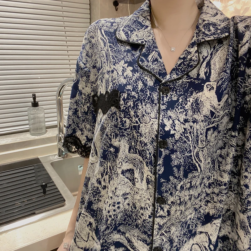 Summer new cardigan button small lapel pajama women's suit silk ice pure lace short sleeve thin two-piece oil painting home suit