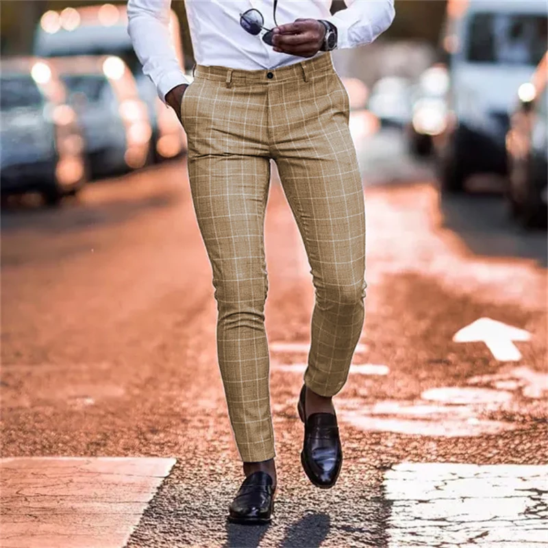 High end slim fit casual pants for men's 2024 spring/summer trendy and versatile leggings, business style checkered trousers